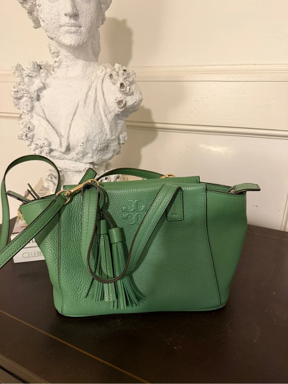 Tory Burch Green Leather Shoulder Tote with Zip Wallet - Picture 2 of 4